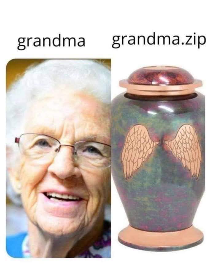 The meme is a humorous comparison between two images. On the left is a picture of a grandmother, while on the right is a screenshot of a webpage with the URL "grandma.zip". The text "grandma" and "grandma.zip" are juxtaposed, implying that the grandmother's name has been shortened to a zip file extension, suggesting that the grandmother has been compressed or "zipped" into a digital file.